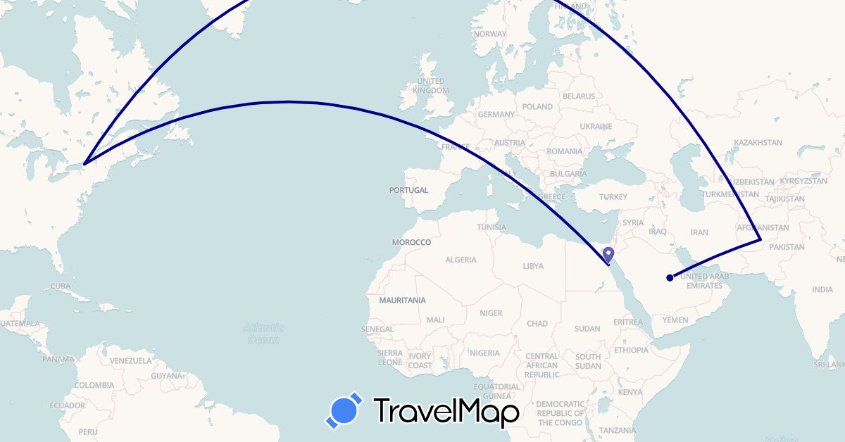 TravelMap itinerary: driving in Afghanistan, Egypt, Saudi Arabia, United States (Africa, Asia, North America)